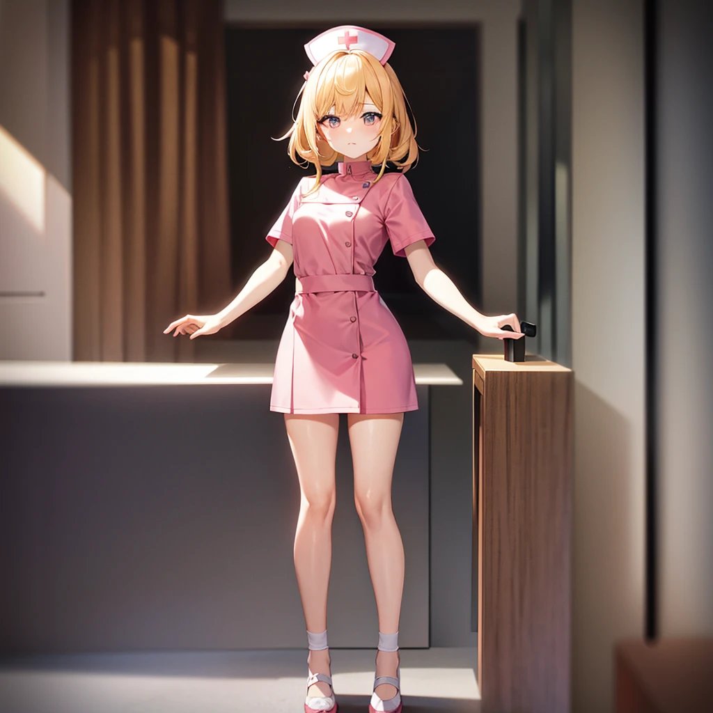((nurse)),Pink clothes,Cute little ,Tiny ,Small girl,,Childish face, Very fine clean face,Top quality,Straight Hair,Yellow hair,(Dark Room), Subtle light, Natural light,Soft lighting,Light from directly behind,(Open your hands), (Are standing),Front view,Black background