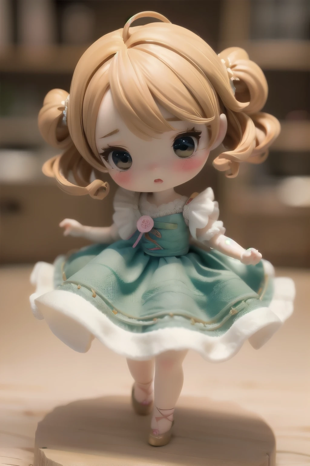 Chibi Girl Doll、Spinning gracefully、Dresses fluttering in the wind、Detailed facial features、Aggressive composition、Elegant hairstyle、Delicate feminine figure、Photorealistic、high quality、Ultra-realistic、Very detailed、Cinematic lighting、Warm color palette、Dramatic lighting、Complex fabric texture、Fluid movement、masterpiece