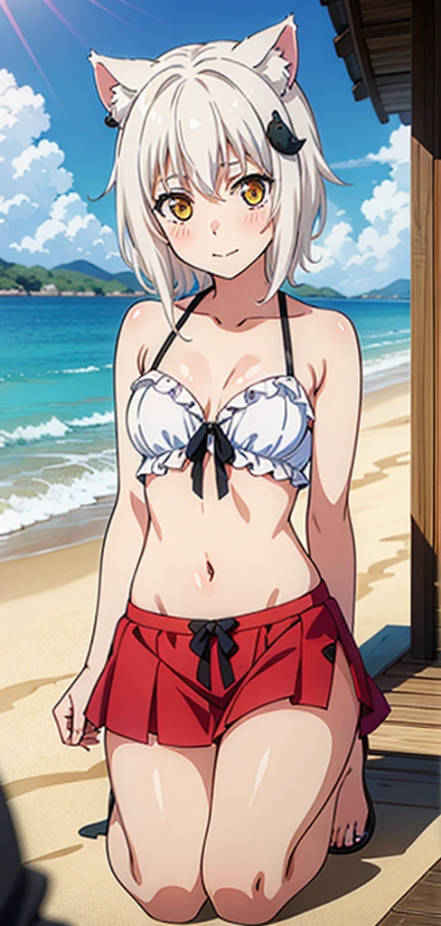 best quality, (masterpiece:1.2), highly detailed, cat ears, 1girl, tojou koneko, closed mouth, slight smile,  yellow eyes, white hair, short hair, hair ornament, beach, 20-year-old, healthy skin, blushed,kneeling ,nsfw,ringed eyes, midriff 