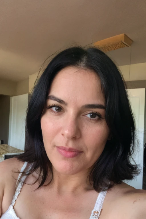 Selfie ,face perfect,gorgeous face, chubby ,a 55 year old woman ,with random Bra ,black hair