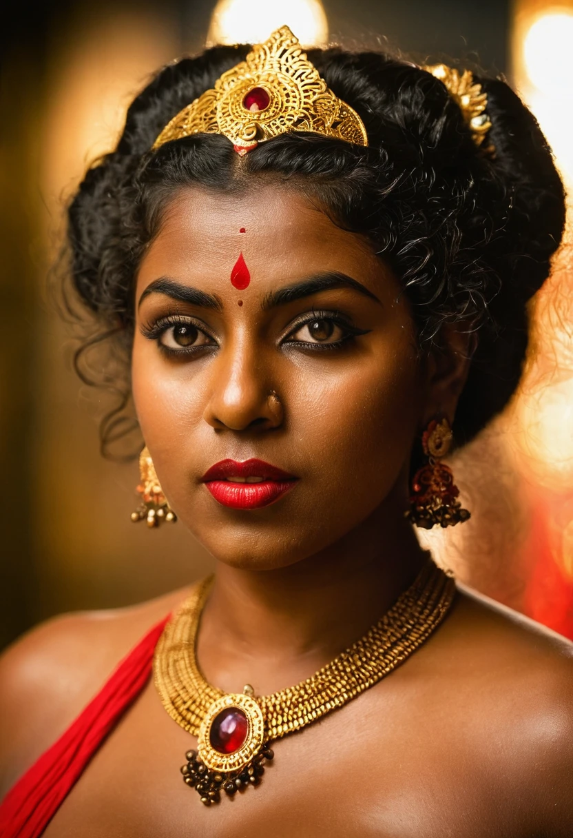 (((photo of a ancient kerala crowned temple goddess ))), (((black kali))) , (((Half Body))), (((very dark skin))), (((age 18+))), (((chubby tall))), (((huge busty milky wet big massive boobs))), (((nude thigh))), (((ancient black mini skirt))), ((black skin dark body)), (((red ornaments))), (((depth of field))), ((( flame bokeh))), (((rain))), ((( flashing light leaks))), (((divine))), photorealistic,photo, realism, Getty Images, RAW candid cinema, 16mm, colour graded portra 400 film, remarkable colour, ultra realistic, textured skin, remarkable detailed pupils, realistic dull skin noise, visible skin detail, skin fuzz, dry skin, shot with cinematic,light leaks, RAW Image, DOF, depth of field,bokeh