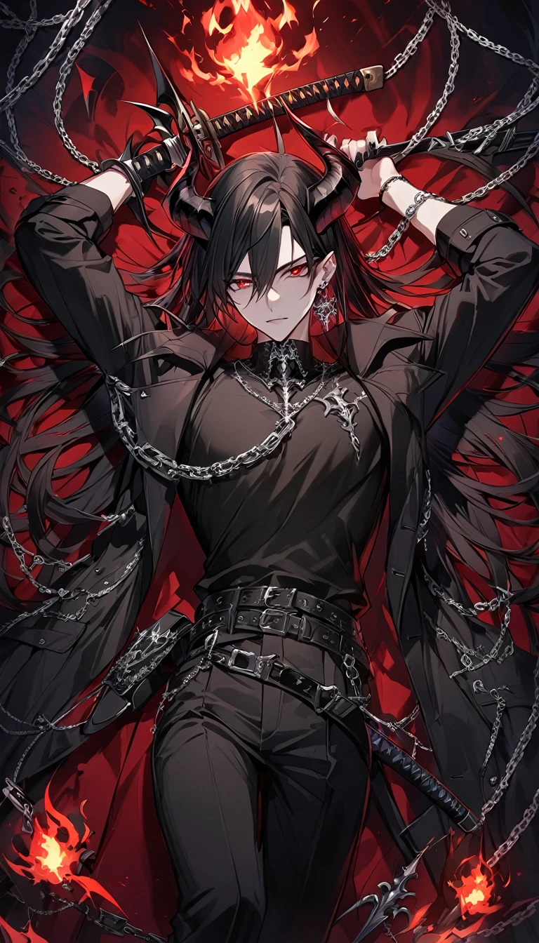 alone, good looking, 1 male, Long hair, Middle parted, Black hair, Red eyes, Black shirt, White Thailand, Black Trench Coat, Royal Silver Jewellery, Royal Demon Earrings, Black horns, Demon Crown, Demonic Katana, Chain, On Back, Demonic Black flames Aura, vtuber Character Design sheet