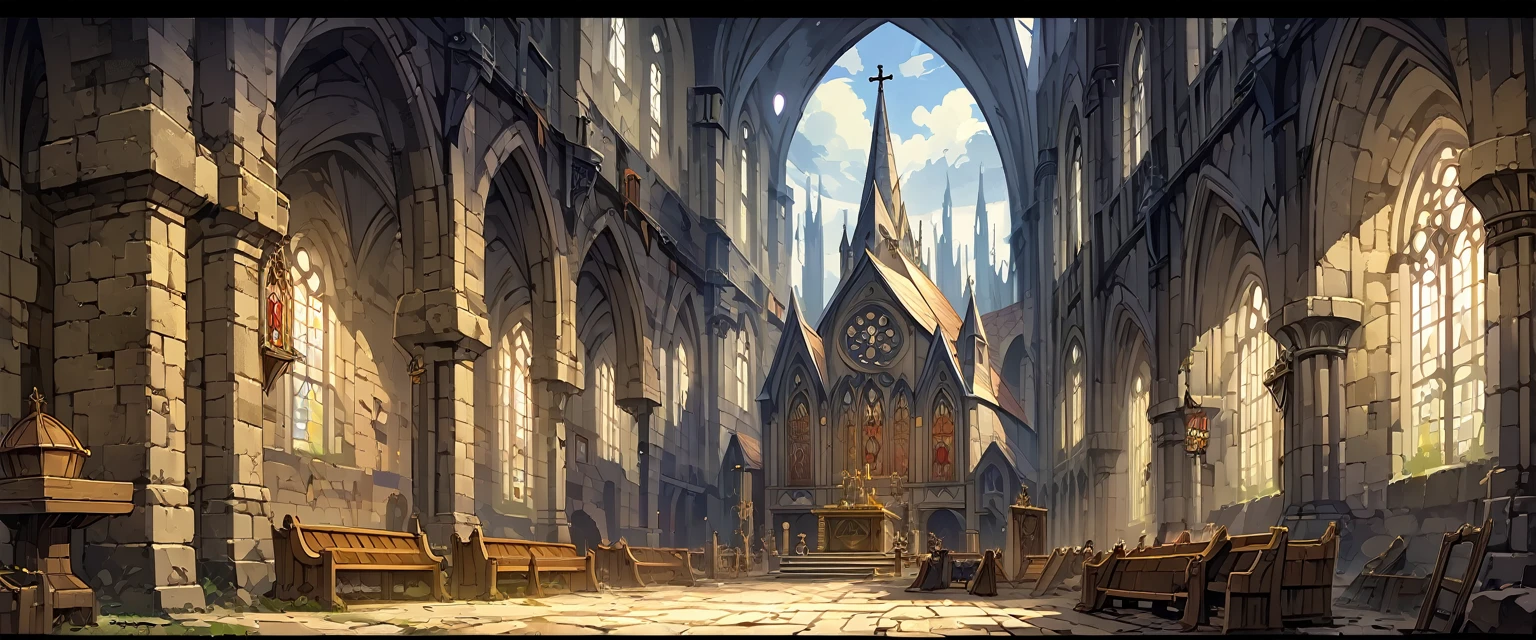 church(European medieval churches),White Wall,Sacred and solemn environment。Mid-ground composition,Panorama pictures,Scene screen,Game concept art style,Anime illustration style,HD,4K。