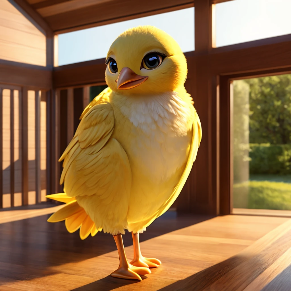 full body shot, a cute yellow chick look curiously, in a big new luxury house, day light