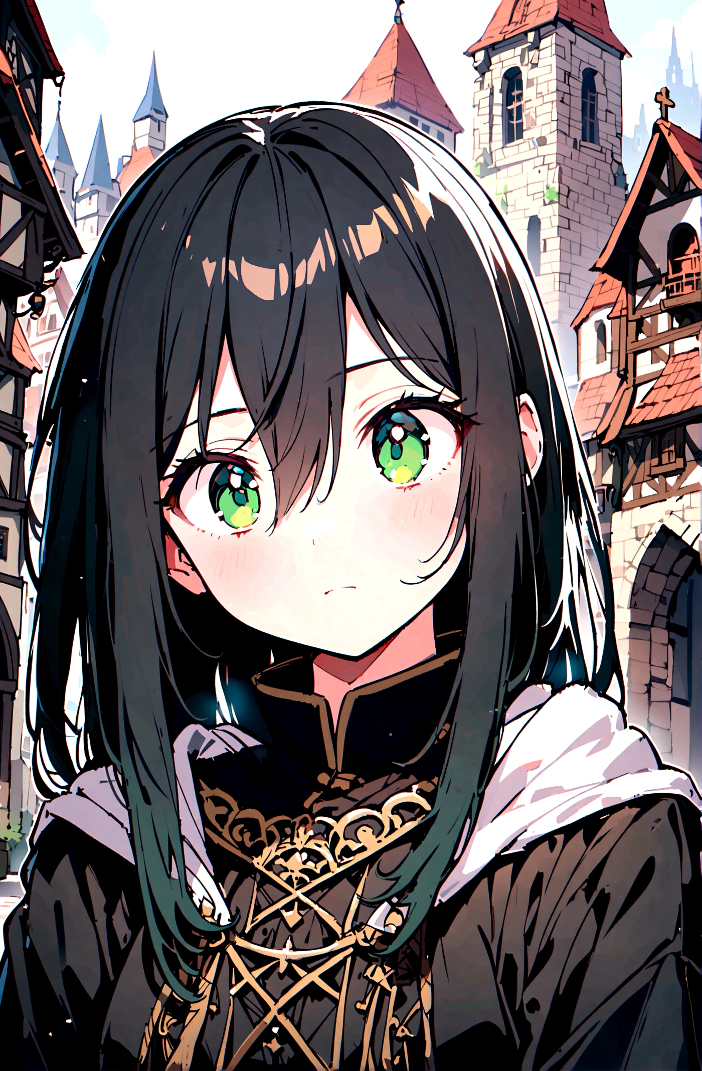 1 Young girl ,teen girl, hair between eyes, short black hair, black clothing, green Eyes, with a straight face, charachter, RPG, hand drawn, High details, medieval city background