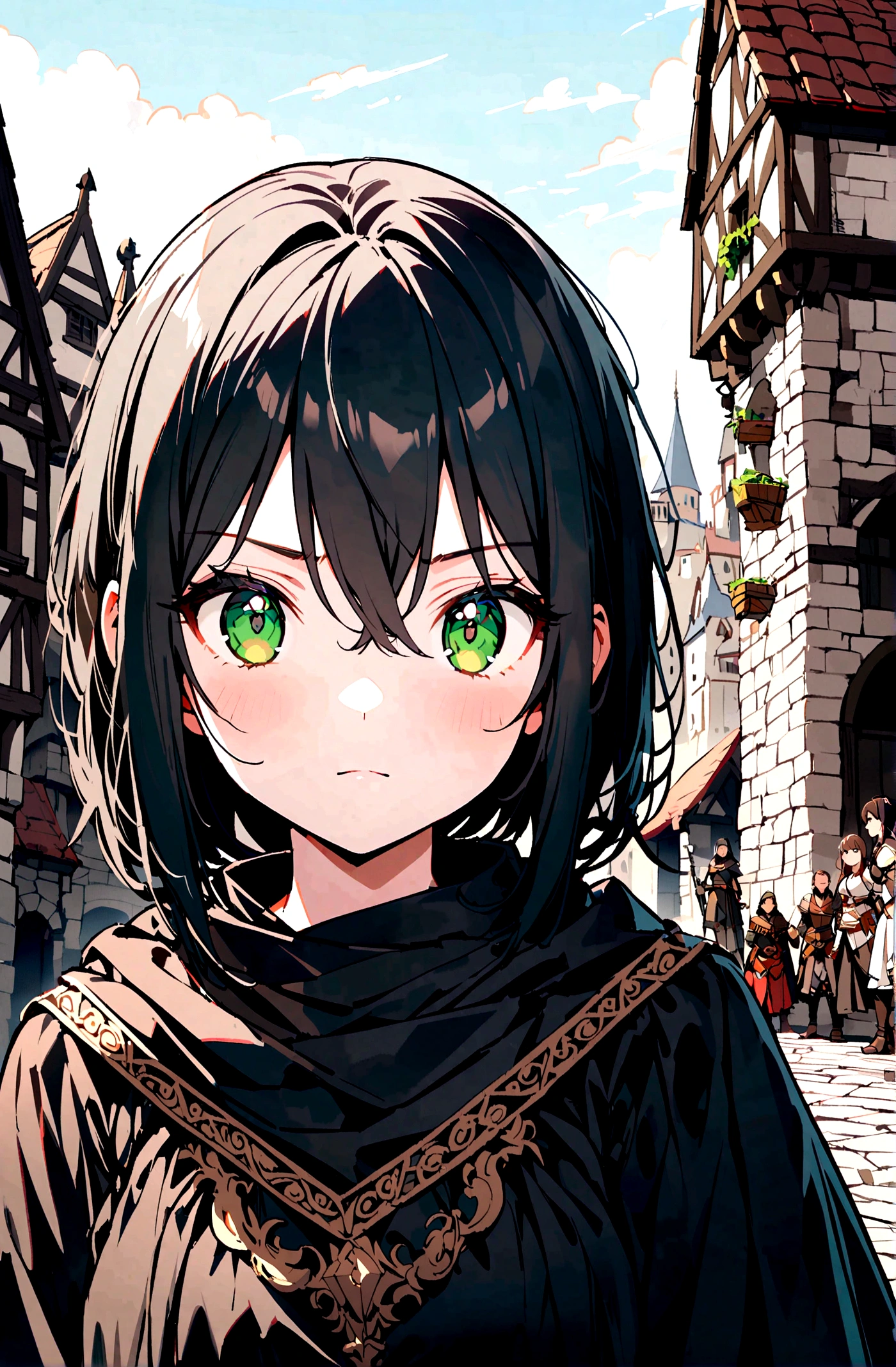 1  girl ,teen , hair between eyes, short black hair, black clothing, green Eyes, with a straight face, charachter, RPG, hand drawn, High details, medieval city background