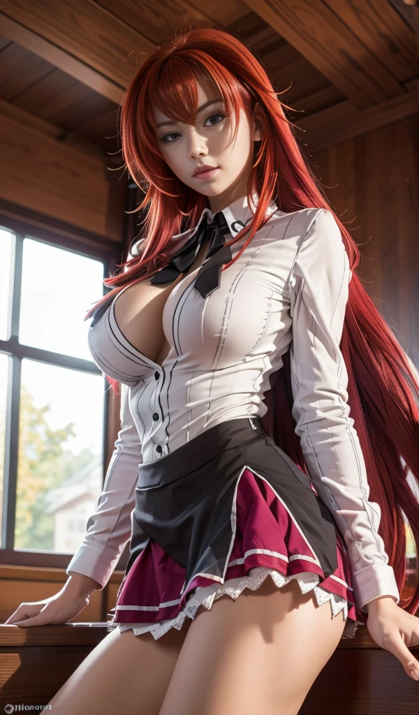 (best quality, masterpiece, colorful, highest detailed), ((photorealistic:1.2)) , raw photo, ((rias gremory)),sexy, big breasts, in classroom,, mini skirt,unbottoned shirt, (vibrant color), (intricate details), (dynamic angle), exposure blend, bokeh, dim light, (hdr:1.4), high contrast, (muted colors, dim colors, soothing tones:1.3), low saturation, morbid