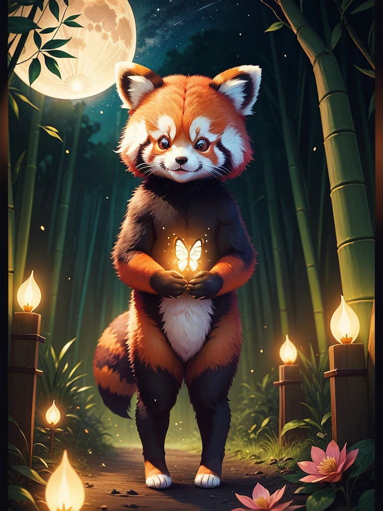 kawaii chibi red panda in bamboo forest, midnight, moon light, glowing, butterfly, exquisite flower frame, HD, super detail, vector, digital art