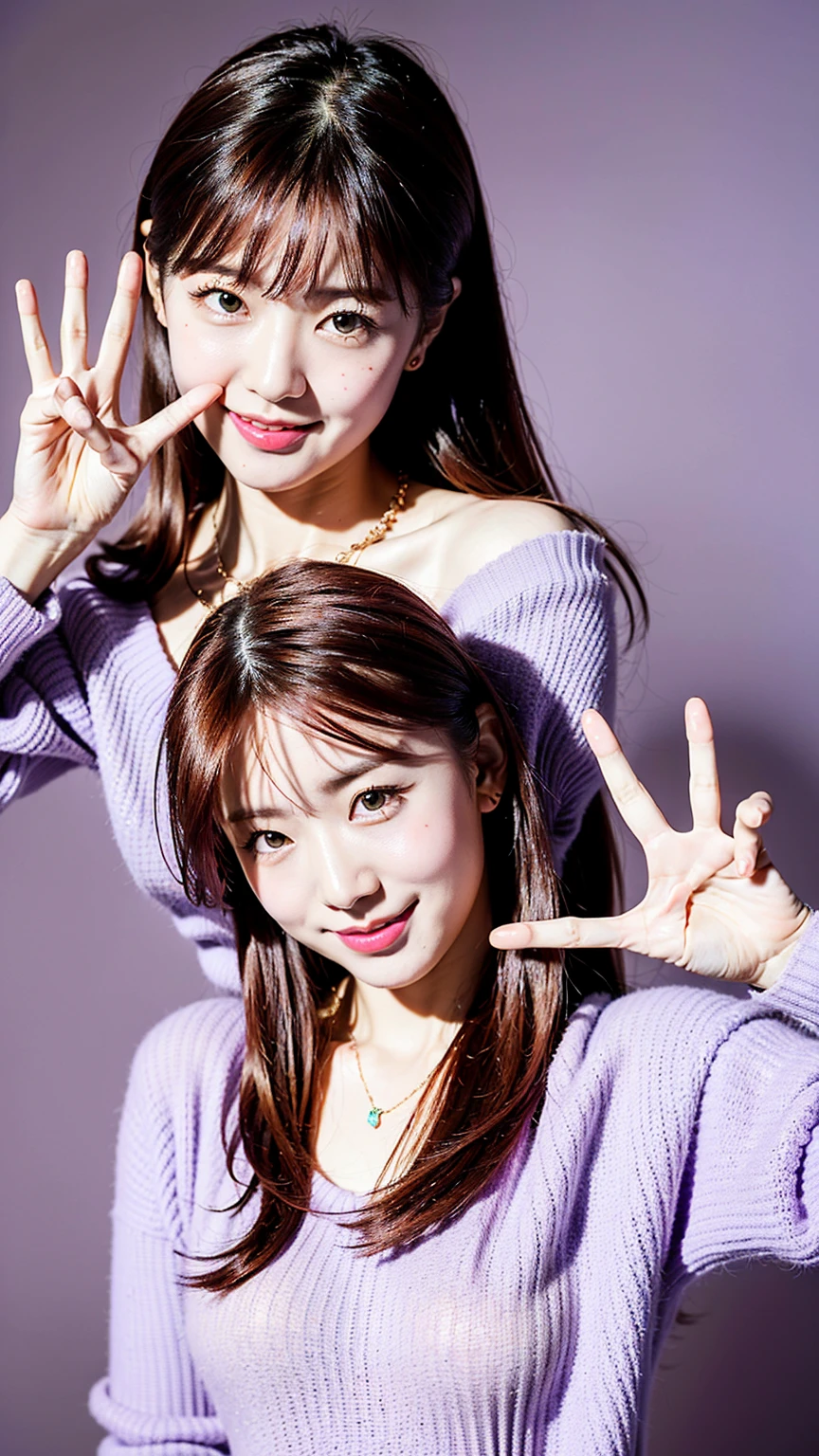 smile、(Highest quality, 8K, 32k, masterpiece, Ultra-high resolution:1.2),Beautiful Japanese Women Photos, Purple clothes、Purple knit、Large Breasts, Long Hair,Purple Hair, necklace, Simple Background, From above, View your viewers,Red Hair、White background、peace sign、Pause