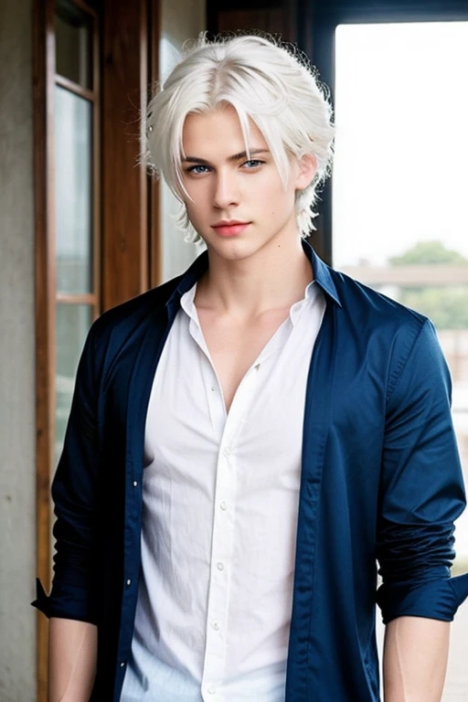 I want you to make a boy with white hair and blue eyes., strong and handsome anime version