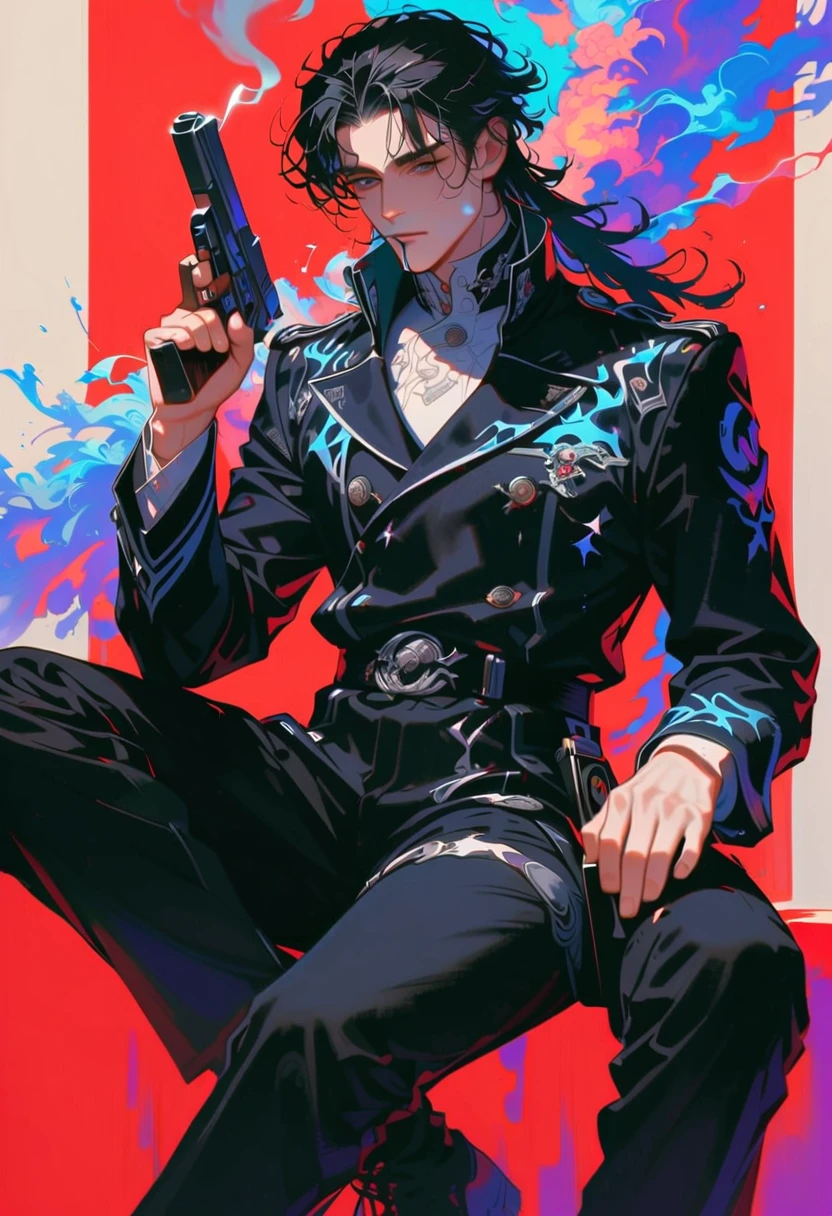 style 9, a man, black eyes, wavy black hair with long mullet cut, bangs, wearing black and blue military uniform holding a futuristic gun, sitting smoking