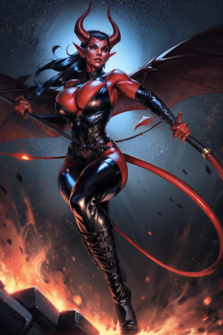 Red skin succubus tiefling, medium breasts, black horns, wings, huge tail, black leather, tall, toned, graceful, thin, long black ponytail. Action scene, whip. Dark scene, explosions, night sky.