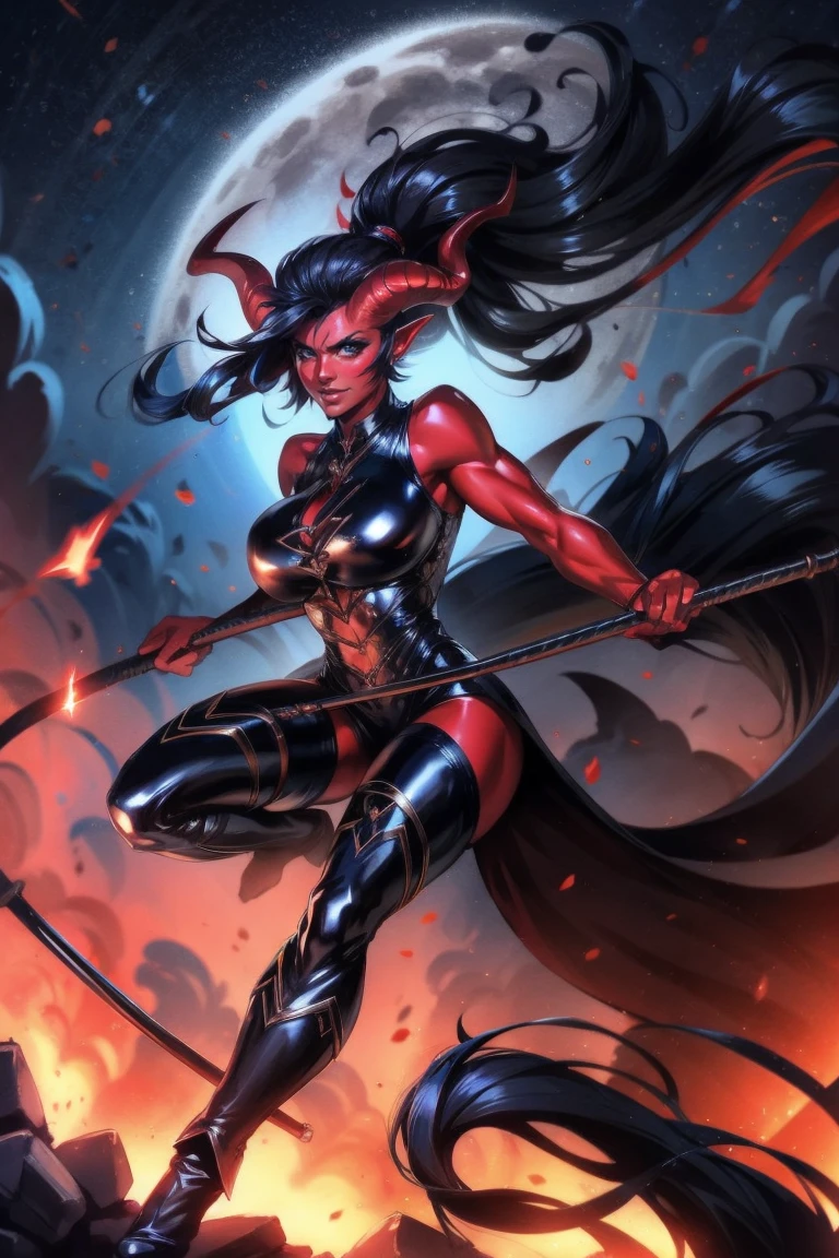 Red skin succubus tiefling, medium breasts, black horns, wings, huge tail, black leather, tall, athletic, graceful, thin, long black ponytail. Action scene, whip. Dark scene, explosions, night sky.