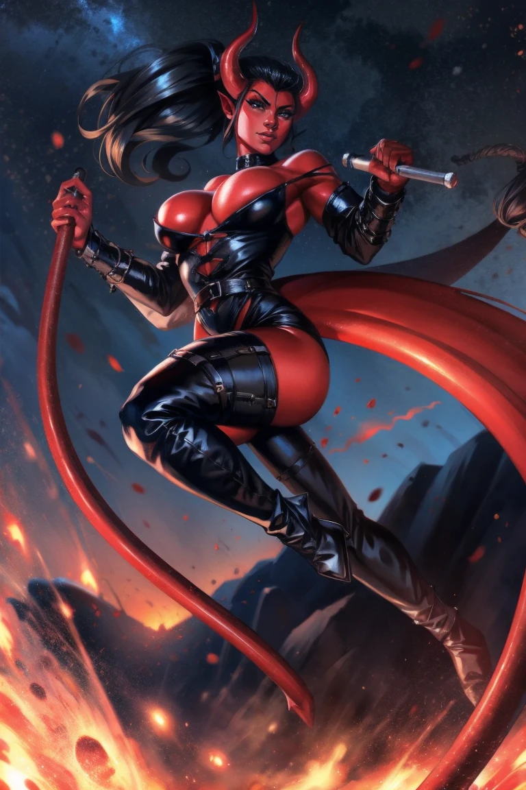 Red skin succubus tiefling, medium breasts, black horns, wings, huge tail, black leather, tall, athletic, graceful, thin, long black ponytail. Action scene, whip. Dark scene, explosions, night sky.