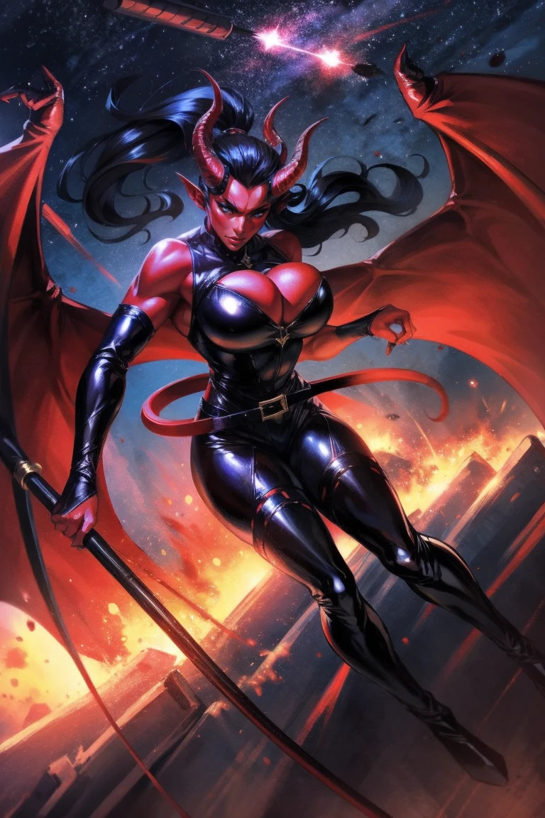Red skin succubus tiefling, medium breasts, black horns, wings, huge tail, black leather, tall, athletic, graceful, thin, long black ponytail. Action scene, whip. Dark scene, explosions, night sky.