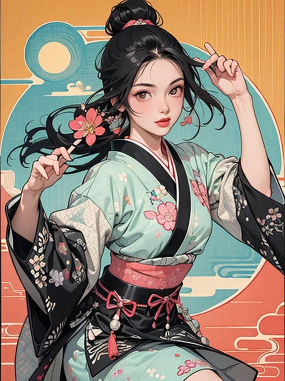 (masterpiece, Highest quality,High resolution, Official Art), (One girl), Bright and vivid color patterns in Japanese clothing、Black hair in a Japanese round topknot,Traditional Japanese patterned fabric, (Dynamic movements),(Shiny skin),  ( Ukiyo-e background,moon,flower,cloud )