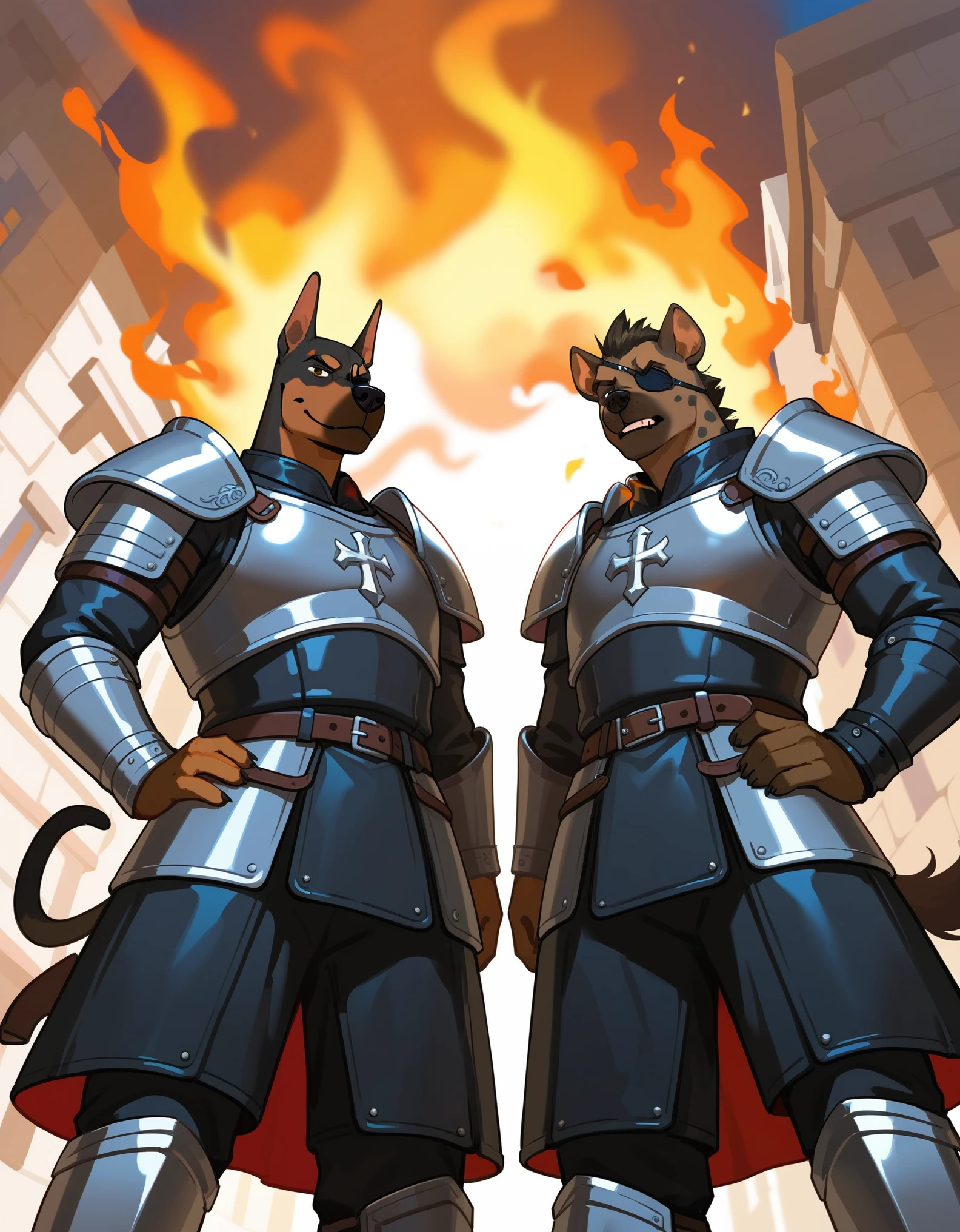 Duo, score_9,score_8_up,score_7_up, duo, an Anthro furry hyena male with an eyepatch, and an Anthro furry Doberman male, two soldiers, male, medieval mercenaries, (black armor, black leather armor), their eyes and faces are shrouded in shadow, they are wearing leather armor, outdoors, in a burning village, nighttime, low angle shot, they are looking down at viewer, pov, arms crossed, faceless, their faces are shrouded in darkness, arms crossed, they are standing, grinning:1.5 deviously, evil smiles, ill intent, mysterious men