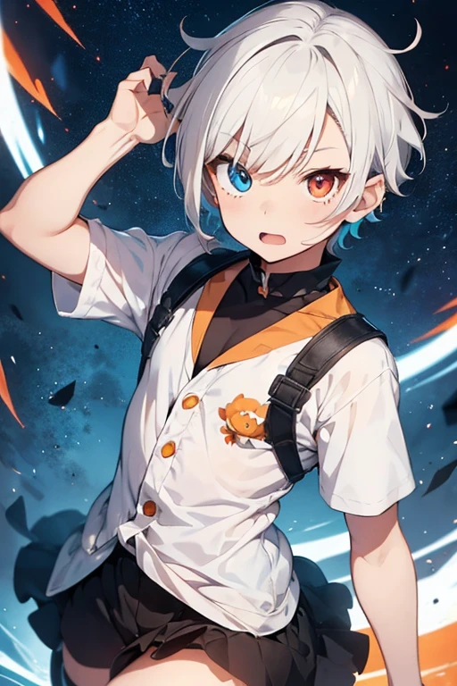 Young Gatoro, anime styling, he has heterochromia, so the orange right eye and blue left eye, has short white hair, femboy clothes, but with even more masculine hair