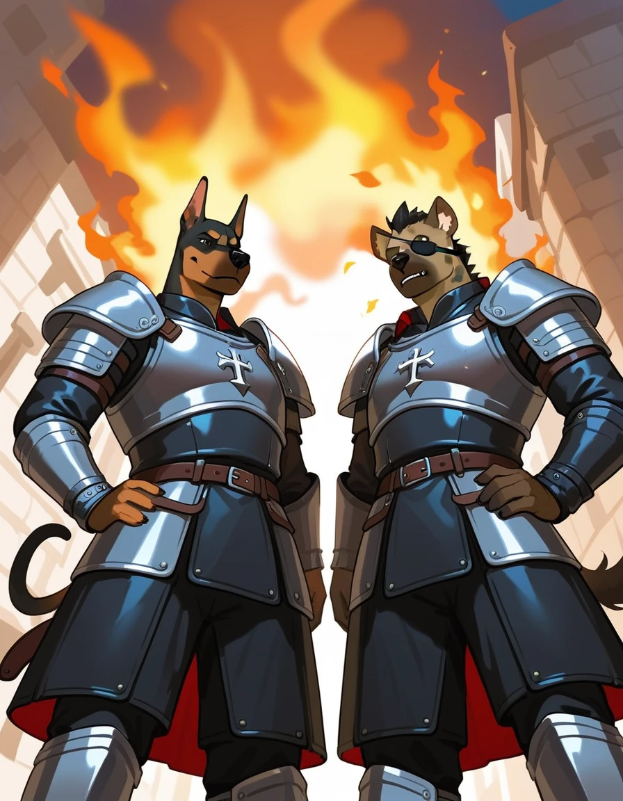 Duo, score_9,score_8_up,score_7_up, duo, an Anthro furry hyena male with an eyepatch, and an Anthro furry Doberman male, two soldiers, male, medieval mercenaries, (black armor, black leather armor),   their eyes and faces are shrouded in shadow, they are wearing leather armor, outdoors, in a burning village, nighttime,  low angle shot, they are looking down at viewer, pov, arms crossed, faceless, their faces are shrouded in darkness, arms crossed, they are standing, grinning:1.5 deviously, evil smiles, ill intent, mysterious men