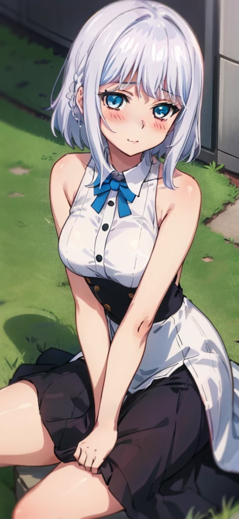 1 girl, kanon kanase, , blush, medium breasts, sleeveless, dress, sitting.