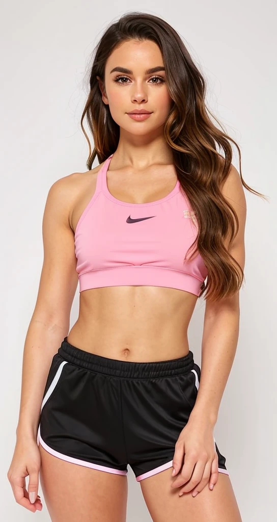 a woman in a pink top and black shorts posing for a photo, detailed sports bra, sport bra, sports bra, two piece workout clothes, brassier, pink halter top, sport bra and shirt, pink body, sport bra and shorts, cute sportswear, bralette, fit dainty figure, crop-top, pink vibe, fit pic, attractive body