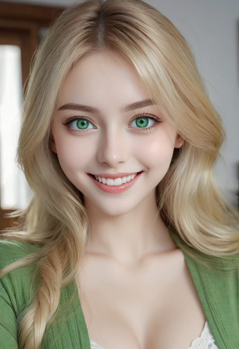 blonde girl, big beautiful green eyes, slim about 45 kilos, 150 centimeters tall, perfect waist, beautiful and perfect smile, beautiful and perfect appearance, real life, hyper real, high quality details, extremely real, real photo, extremely meticulous image, great quality of details with great and beautiful luminosity, 8k, jugando videojuegos en su casa