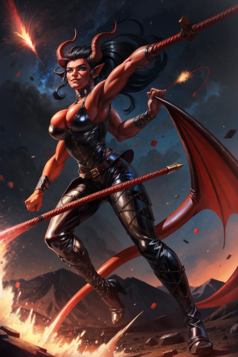 Red skin succubus tiefling, medium breasts, black horns, wings, huge tail, black leather, tall, toned, graceful, thin, long black ponytail. Action scene, whip. Dark scene, explosions, night sky.