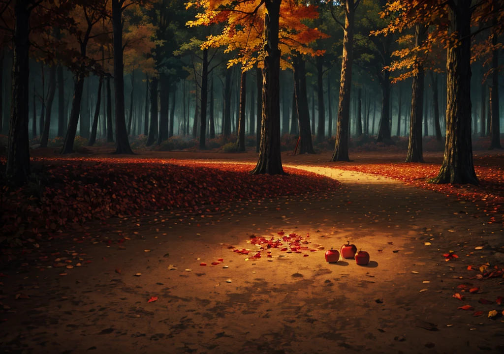 forest, autumn, 2D, dark environment, dry leaves, apple falling on the ground, dark night