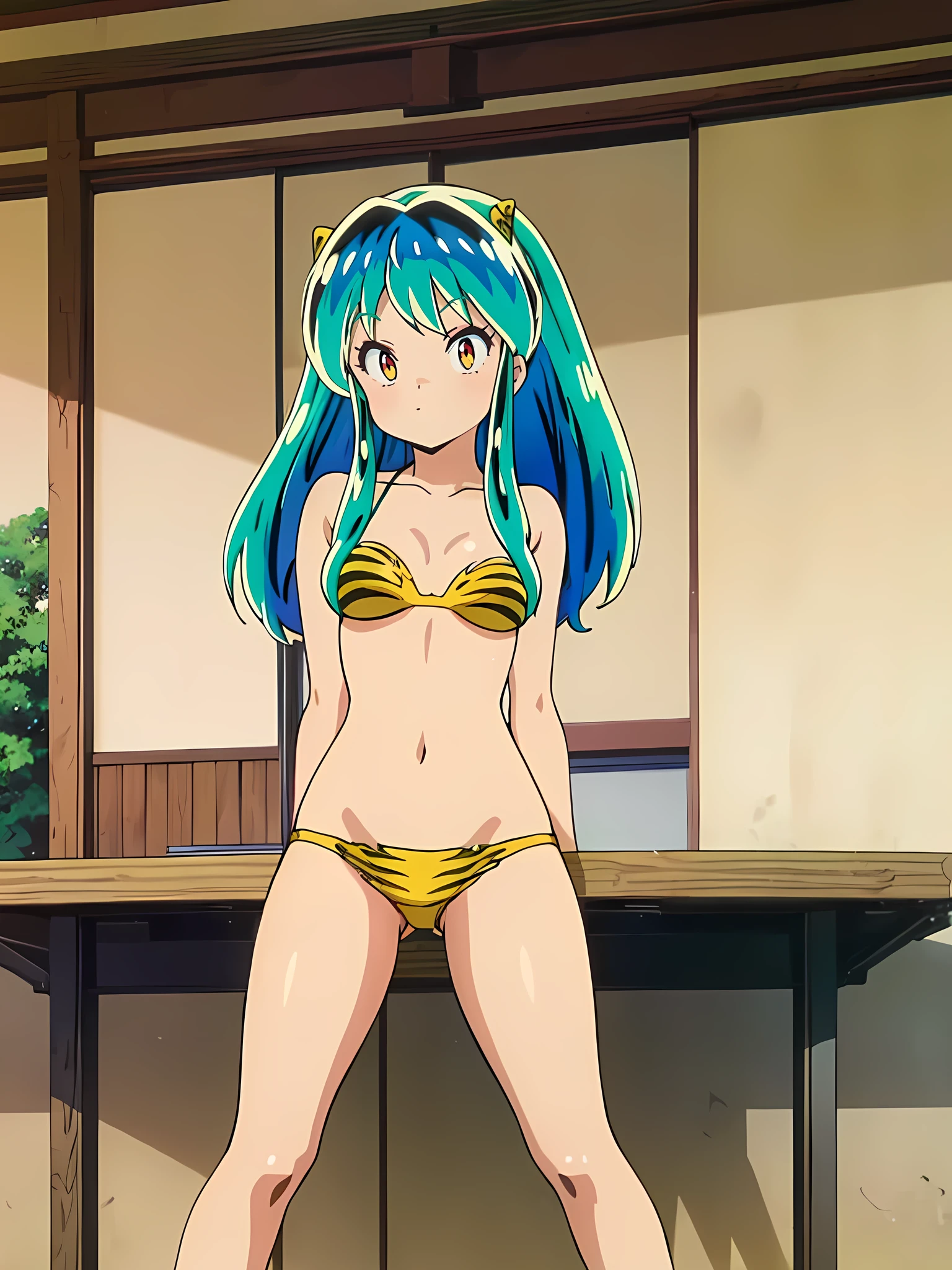 masterpiece, Highest quality, 1 Girl, Lum, 比基尼, アニメ, Charm, 18-year-old, sexly, blush, Stand with your feet apart, High definition, From before, Japan, Green Hair, smile, 1980年代アニメスタイル