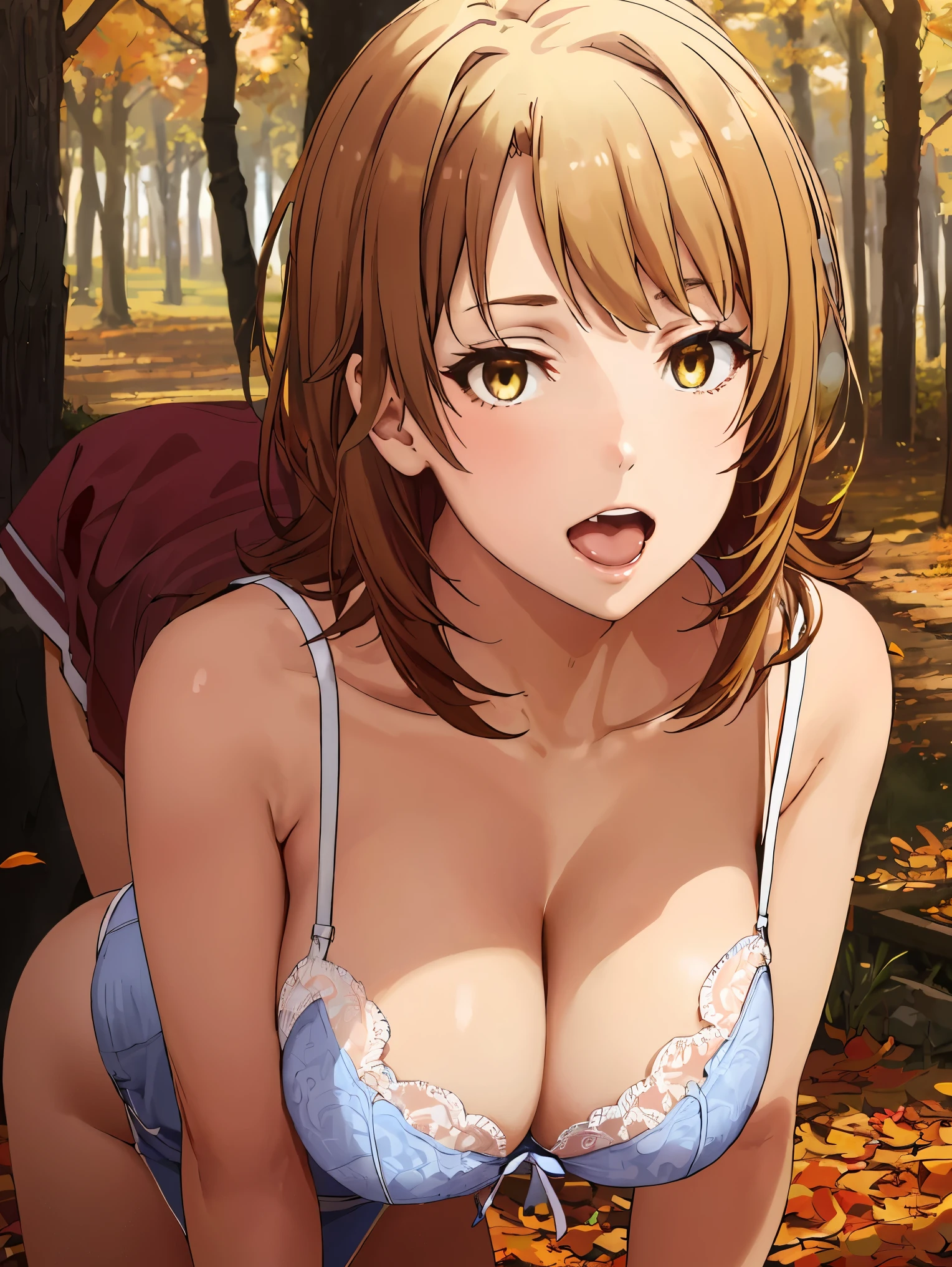 irohaisshiki, iroha isshiki, long hair, brown hair, (brown eyes:1.5), 
BREAK (dressed appropriately for school, wearing a  or casual attire, depending on the context. See huge cleavage and lingerie:1.2),
BREAK doggystyle, all fours,  sex from behind, facing viewer, tongue out, open mouth , smile ,rolling eyes,
BREAK detailed background, detailed face, (frontier western theme:1.1), autumn forest background, fallen leaves,
BREAK ((top quality, 8k, masterpiece: 1.3, ultra hd, high quality, best quality, high definition, realism)), sharp focus: 1.5, Beautiful woman with Slim body, (perfect hands, perfect anatomy),