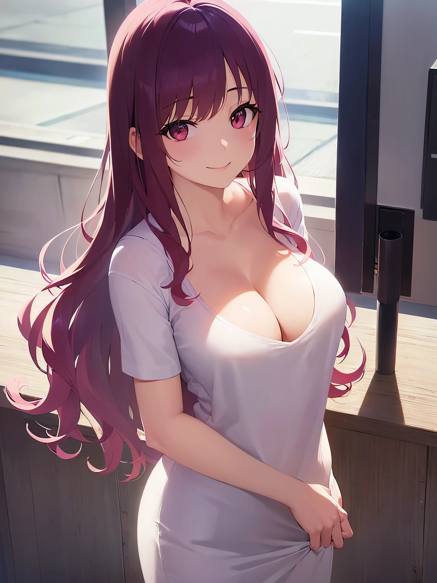 Tilting head, smile, cleavage, shooting from above、Upper body is shown、Realistic, real person, RAW photo, photorealistic, portrait photography, shiny skin, japanese idol、pink hair、Wavy medium hair with bangs、20 year old woman with pink eyes、wearing a white T-shirt、Alone、Are standing、The background is a liquor store