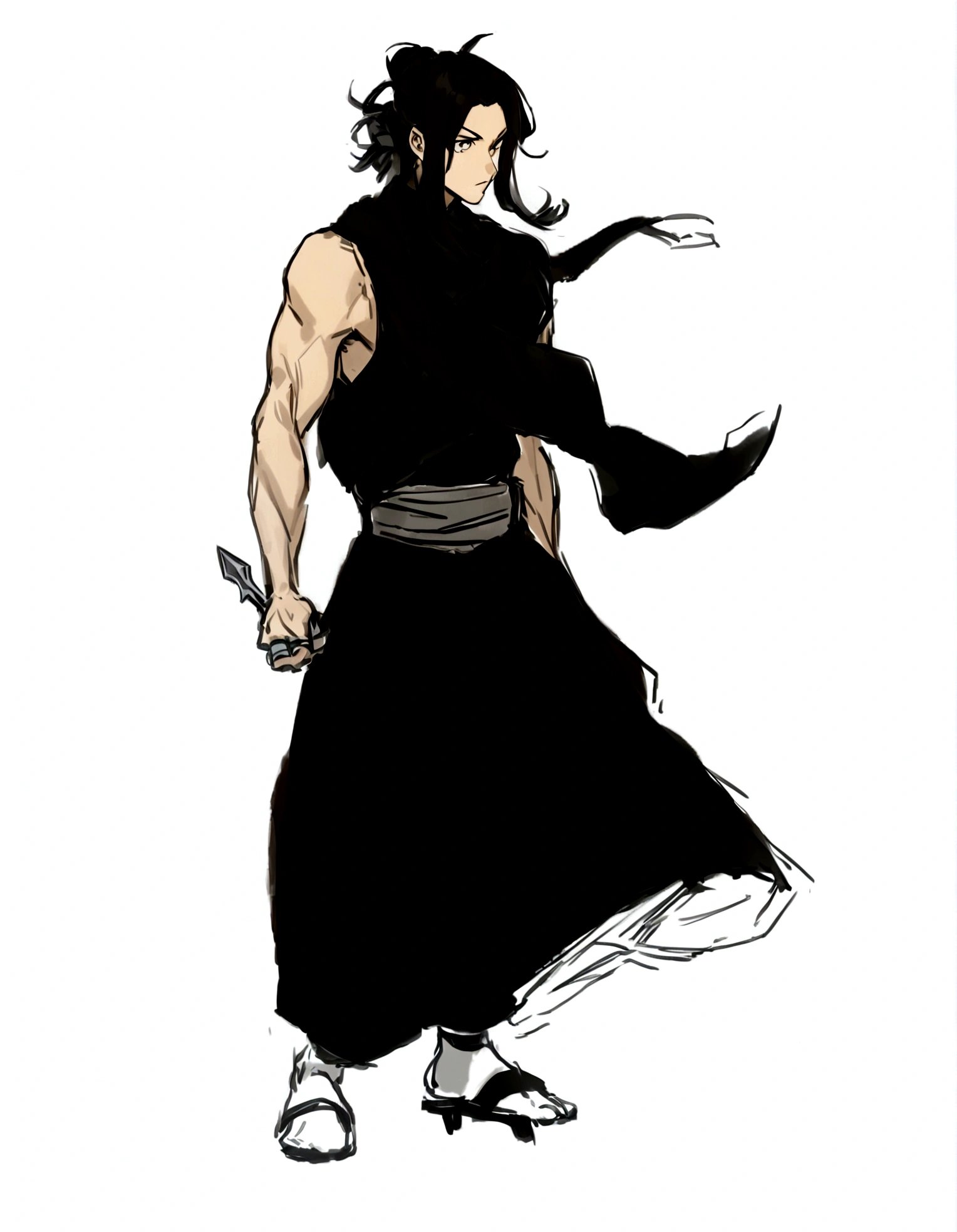 a drawing of a young man in a school kimono, full body concept, dressed with long fluent clothes, using a scarf, long hair using a kanszashi stick in the hair to hold the hair bun decorated with a red ribbon and a feather, wear socks and sandals, strong, exposed arms, holding a socket adaga inspirada na arma do personagem asuma Sarutobi na mão direita, look serious and worried, holding a socket/kunai in right hand pointing backwards, holding a dagger in his right hand with a socket, holding tekko socket gun