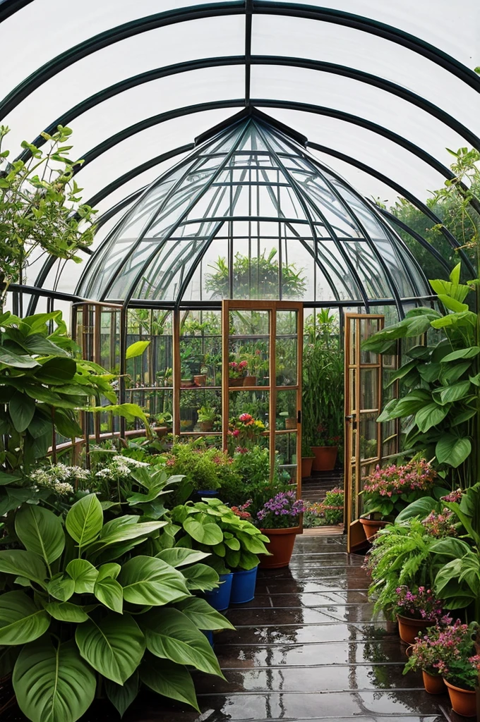 A round greenhouse, With a lot of vegetation on a rainy day, colored pencils style