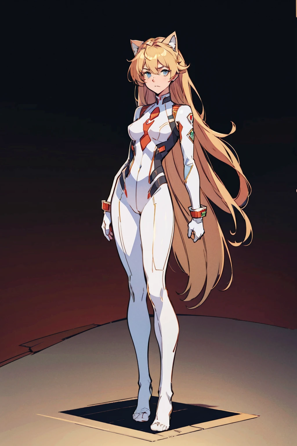 ((Full body photo, standing, feet on the ground)) 14歳, Kizi, hair long blonde, Flowing blonde hair, Cat's ears, greeneyes, in a white full-body superhero costume with leggings, work of art, high qualiy,