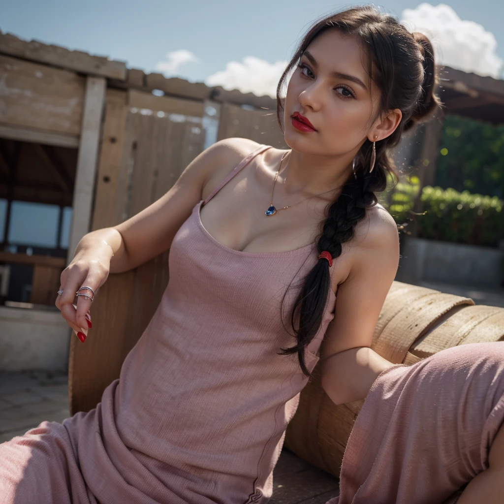 only 1 ukranian young girl (best quality, 4k, 8k, highres, masterpiece:1.2), ultra-detailed, (realistic, photorealistic, photo-realistic:1.37), portrait, wearing casual small cleavage, small chain on neck, black hair, hair band in ponytail, vivid colors, soft lighting, sky and clouds, subtle bokeh, warm color tones, rich girl, red lipstick, earing, round neck style dress, wearing jeans pant, wearing a ring in hand, (low angle, worms eye view)