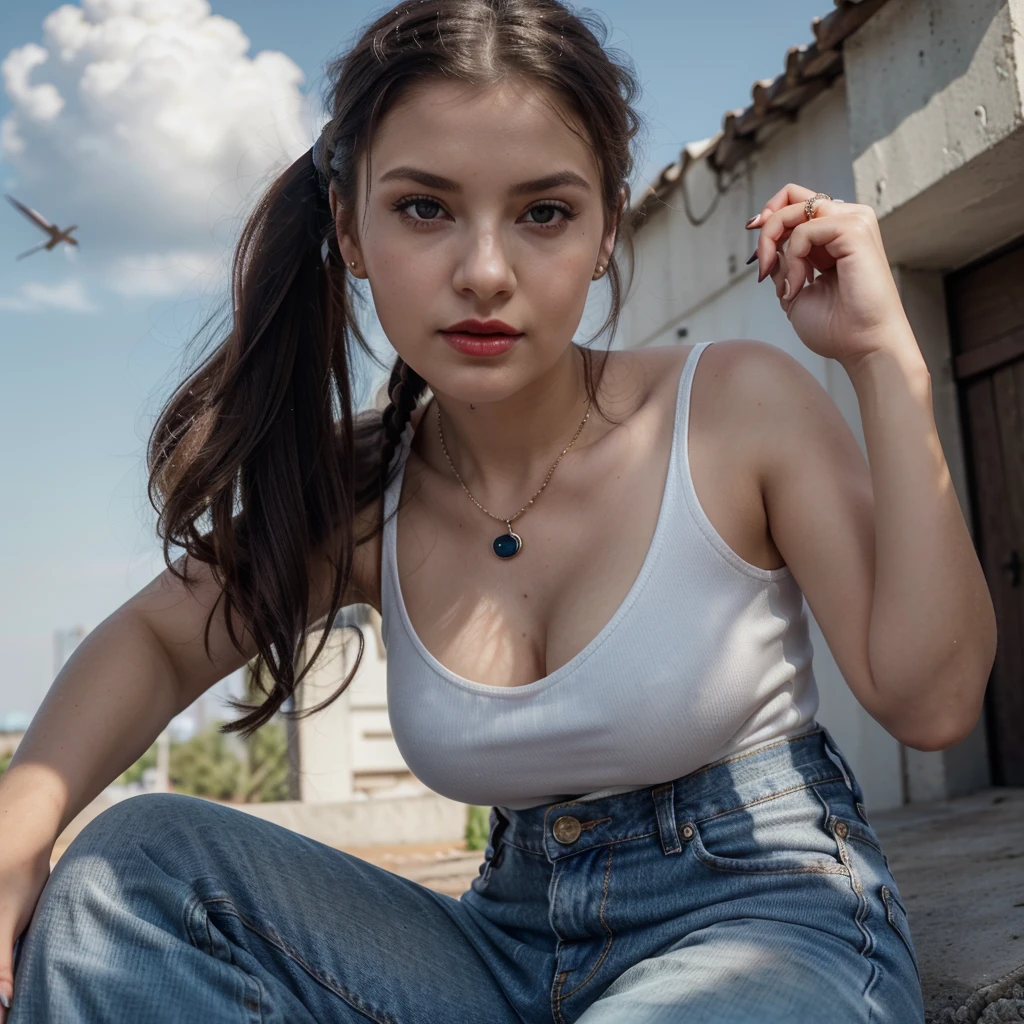 only 1 ukranian young girl (best quality, 4k, 8k, highres, masterpiece:1.2), ultra-detailed, (realistic, photorealistic, photo-realistic:1.37), portrait, wearing casual small cleavage, small chain on neck, black hair, hair band in ponytail, vivid colors, soft lighting, sky and clouds, subtle bokeh, warm color tones, rich girl, red lipstick, earing, round neck style dress, wearing jeans pant, wearing a ring in hand, (low angle, worms eye view)