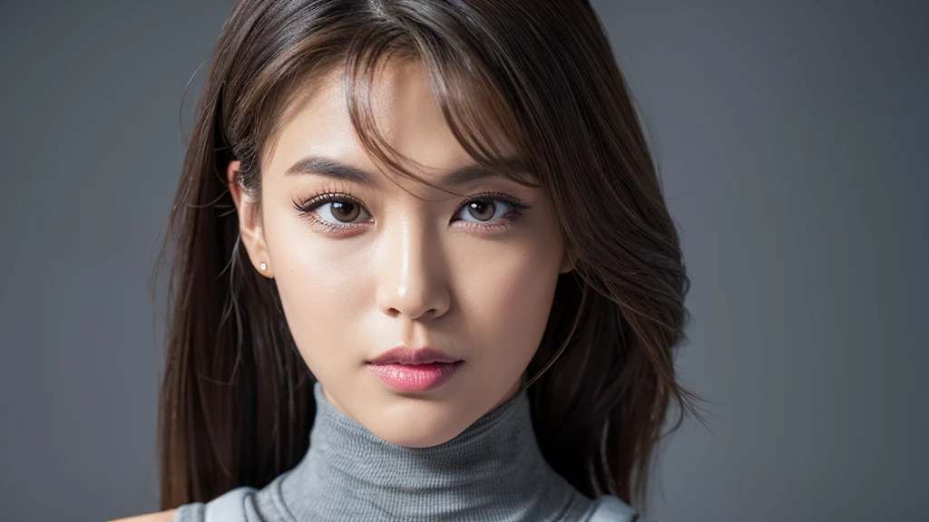 (Detailed face),vivid,Grey sleeveless and turtleneck outfit,4K,Ultra-high resolution,(Photorealistic:1.7),Black long hair,Gray background,