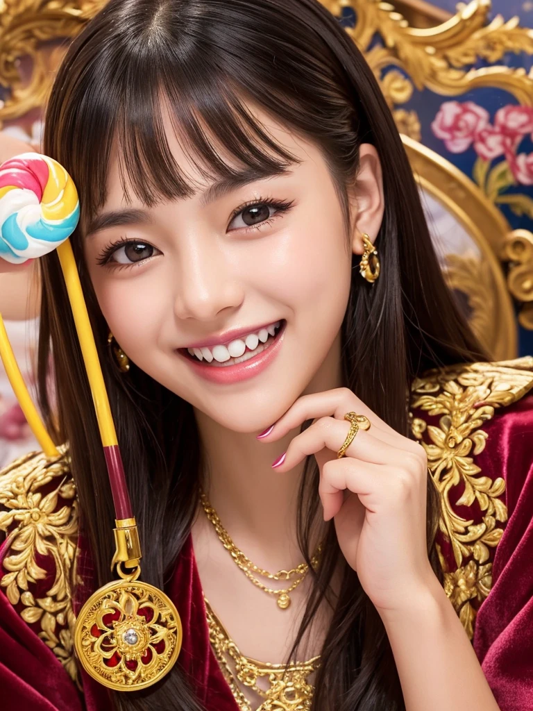 a young woman with a radiant smile, eyes twinkling with delight. She's biting into a glossy, rainbow-swirled lollipop plucked from an ornate golden jewelry box lined with velvet, girl's comic style