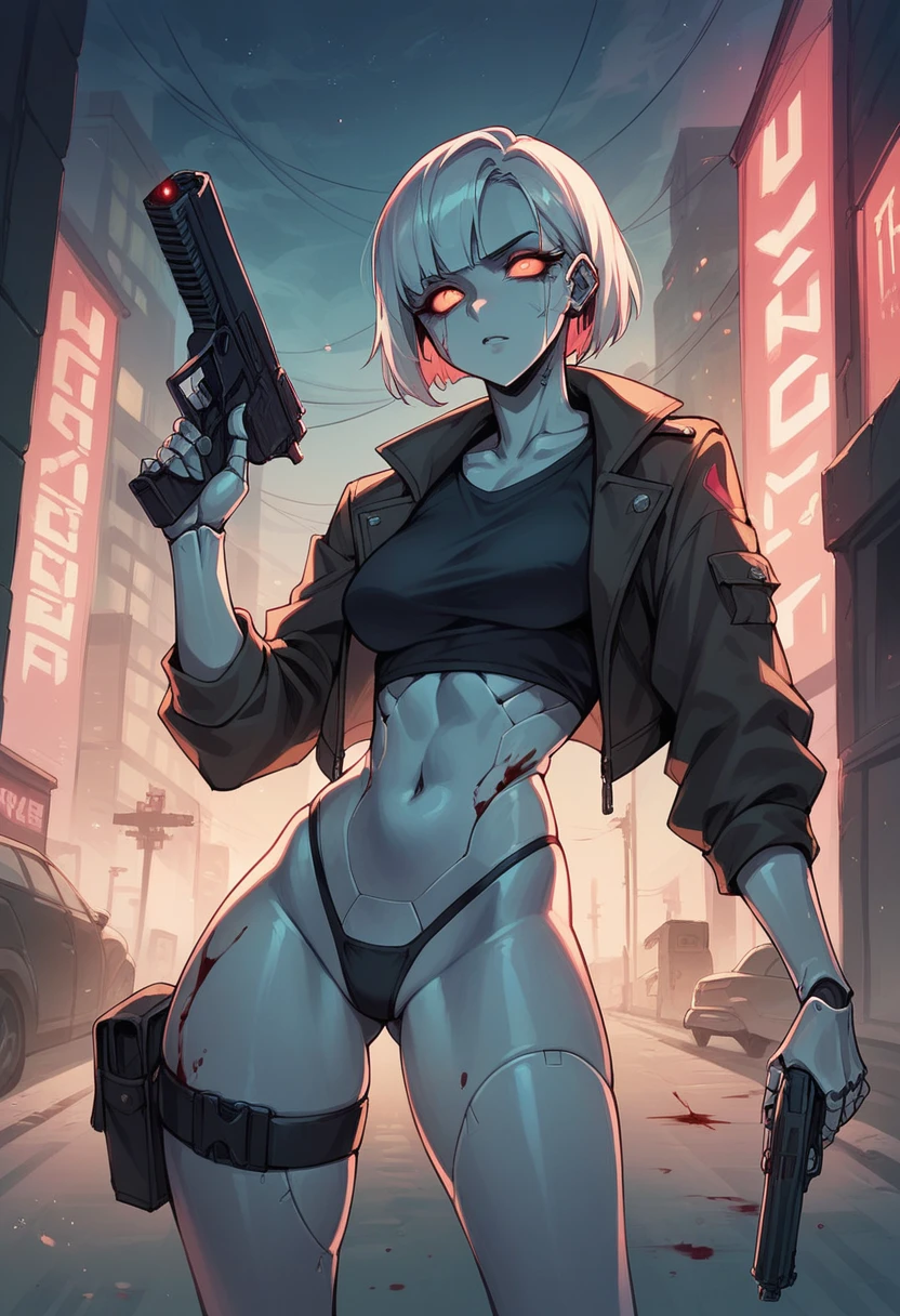 robot,girl,gun,cool,Ruined City,Blood,night,dark,