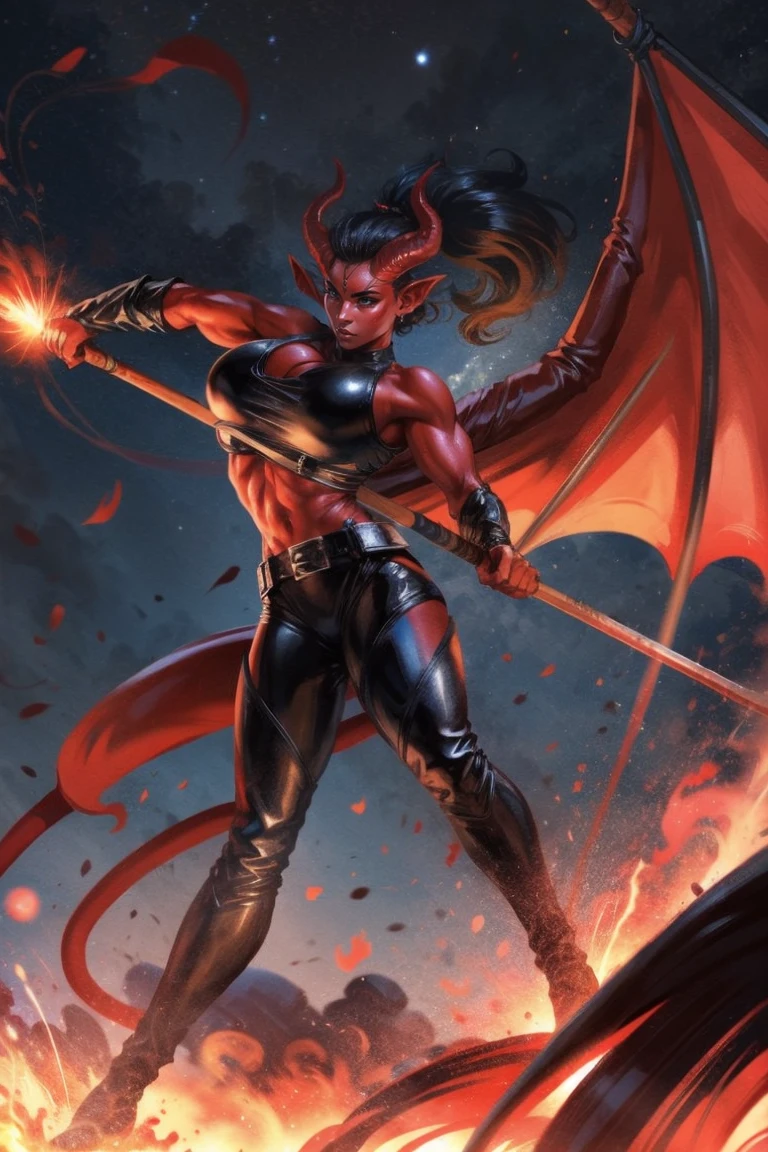 Red skin succubus tiefling, medium breasts, black horns, wings, huge tail, black leather, crop top, tall, toned, graceful, thin, long black ponytail. Action scene, whip. Dark scene, explosions, night sky.