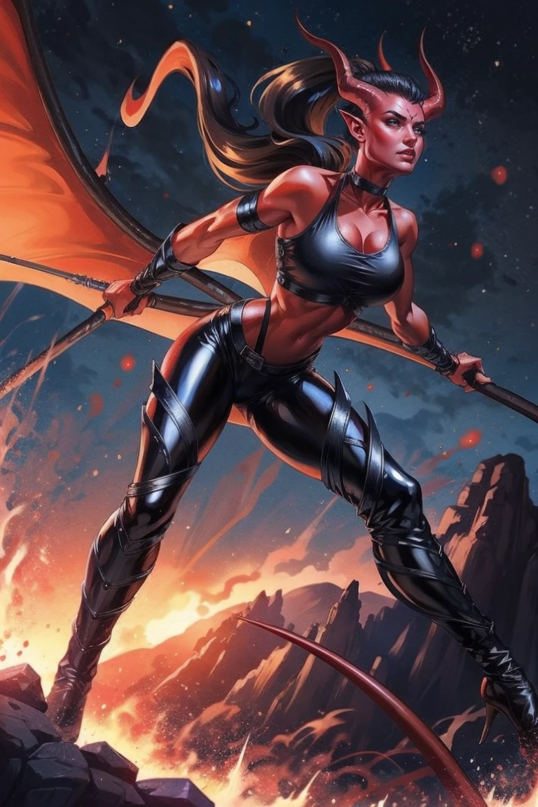 Red skin succubus tiefling, medium breasts, black horns, wings, huge tail, black leather, crop top, tall, toned, graceful, thin, long black ponytail. Action scene, whip. Dark scene, explosions, night sky.