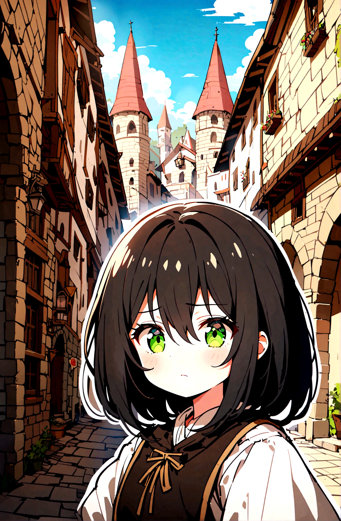 1 adult girl ,cute girl, hair between eyes, short black hair, black clothing, green Eyes, with a straight face, charachter, RPG, hand drawn, High details, medieval city background