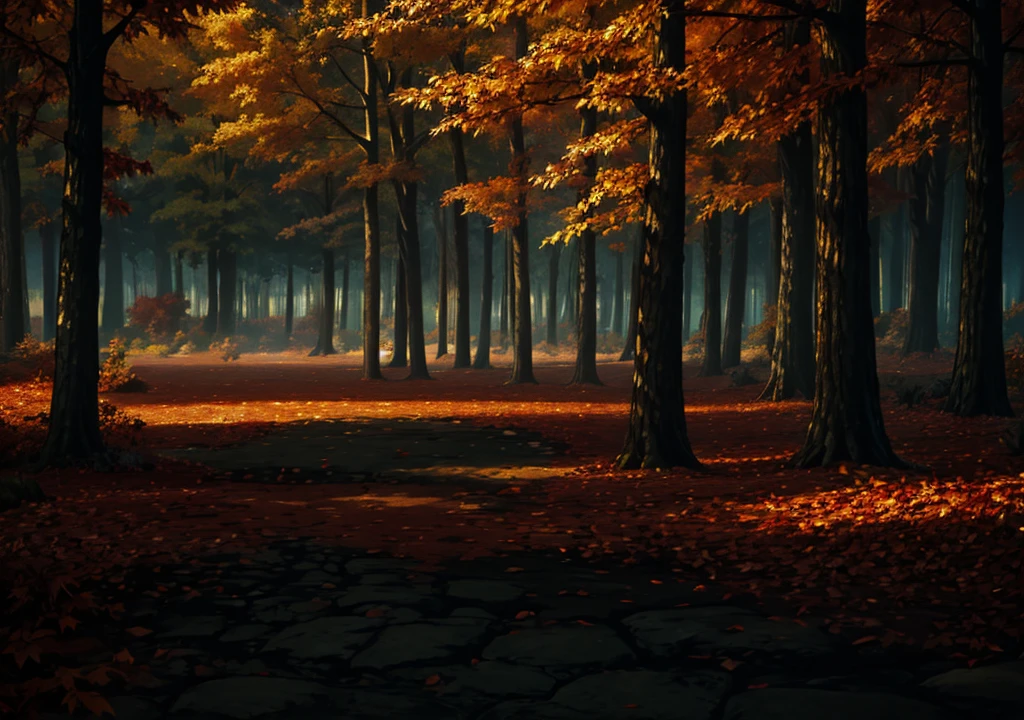 forest, autumn, 2D, dark environment, dry leaves, dark night, apple
