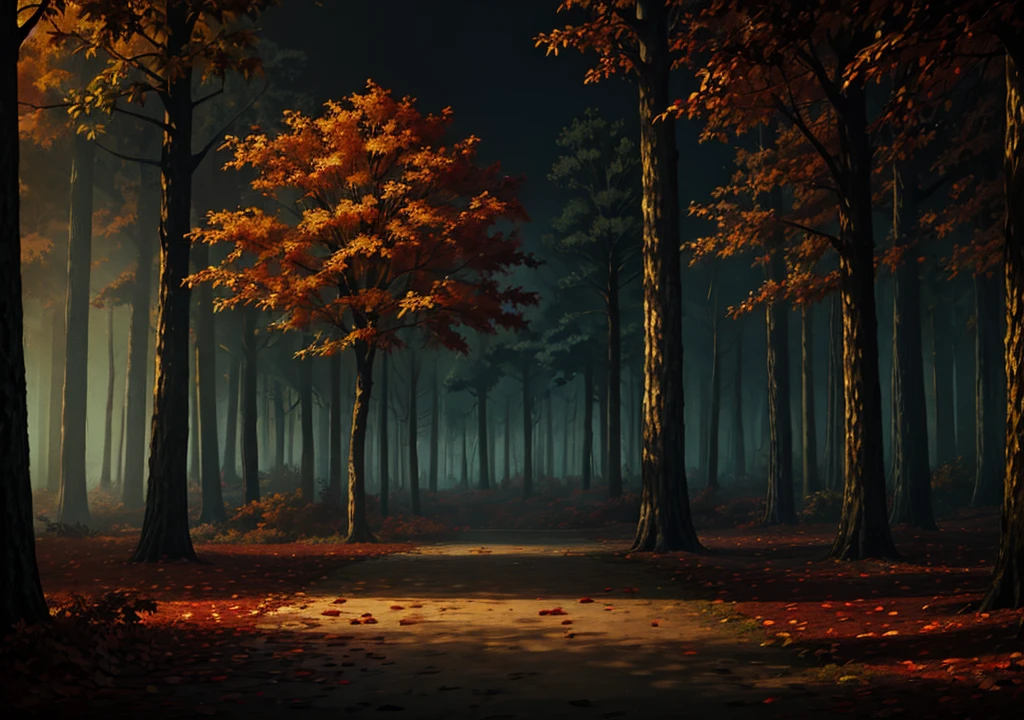 forest, autumn, 2D, dark environment, dry leaves, dark night, apple