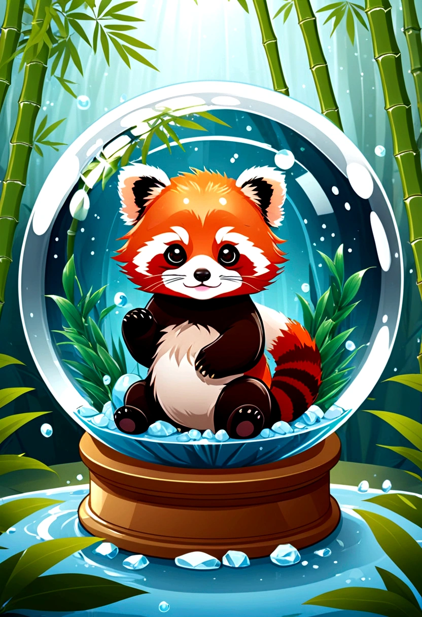 chibi red panda in crystal ball, bamboo forest inside crystal ball, water splash, tshirt design, vector style, cute, anime style, kawaii, super detail