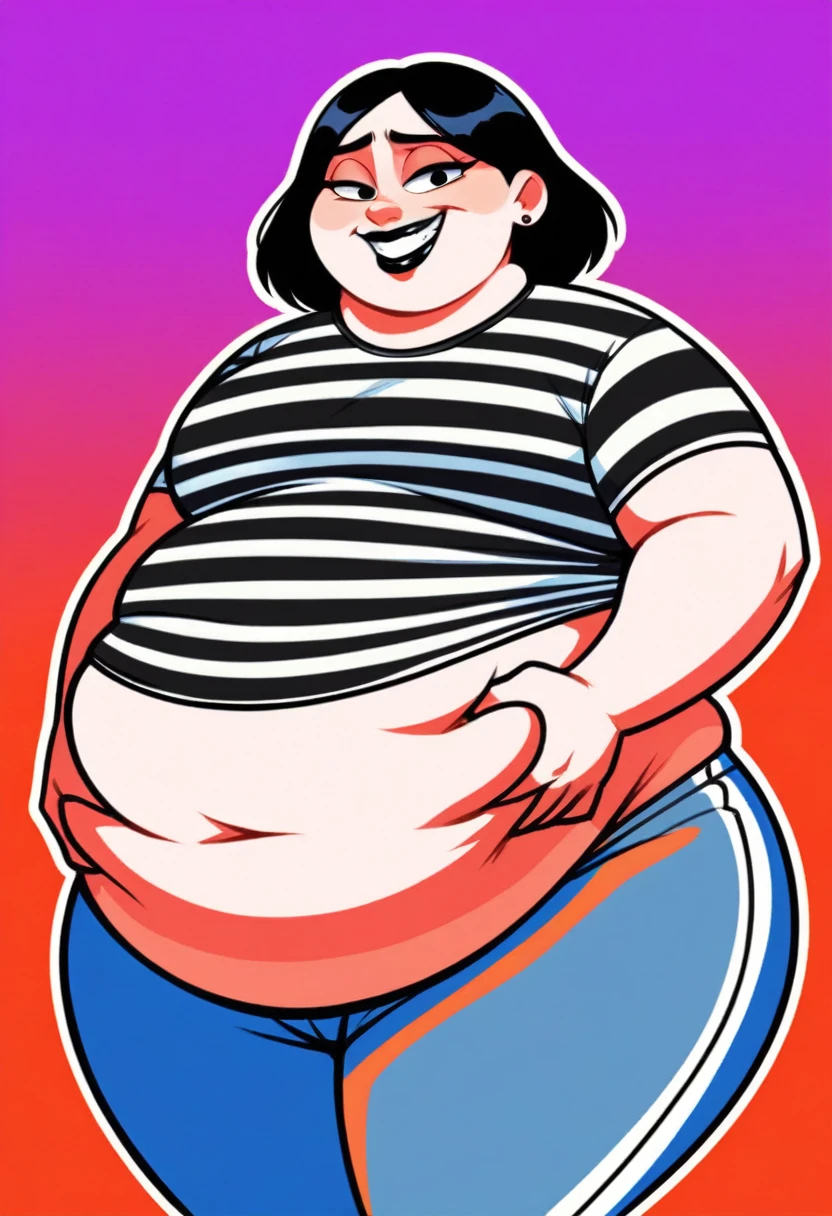 Fat obese, sssbbw, gluttony, high school girl, pixar animated, toothy grin, grabbing belly, Masterpiecev10, Extremely detailed, belly hanging out, sexy, sensual, ((black striped shirt)), black lipstick, black hair, pale