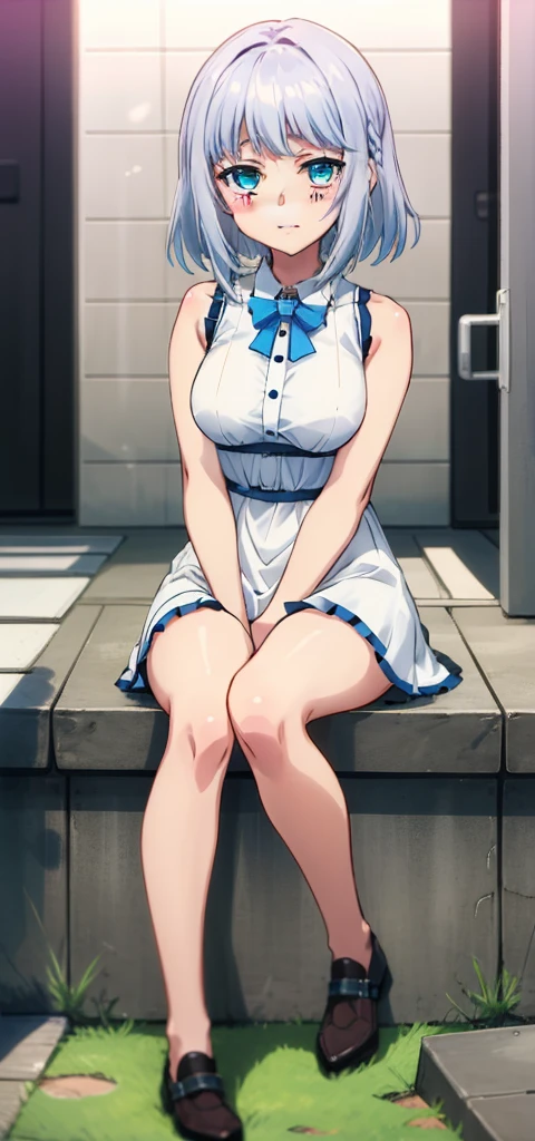 1 girl, kanon kanase,  , blush, medium breasts, sleeveless, dress, sitting, full_body. 