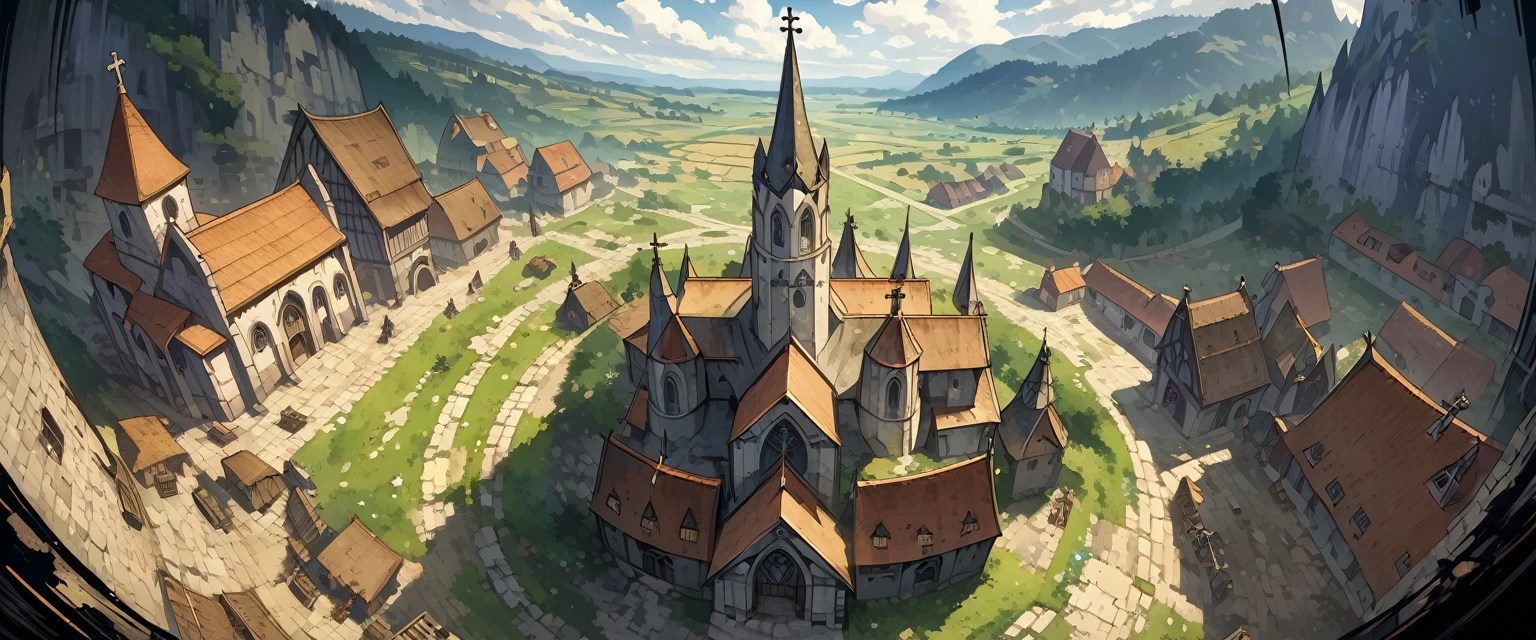 church(European medieval churches),White Wall,Sacred and solemn environment。Bird's eye view composition,Panorama pictures,Scene screen,Game concept art style,Anime illustration style,HD,4K。