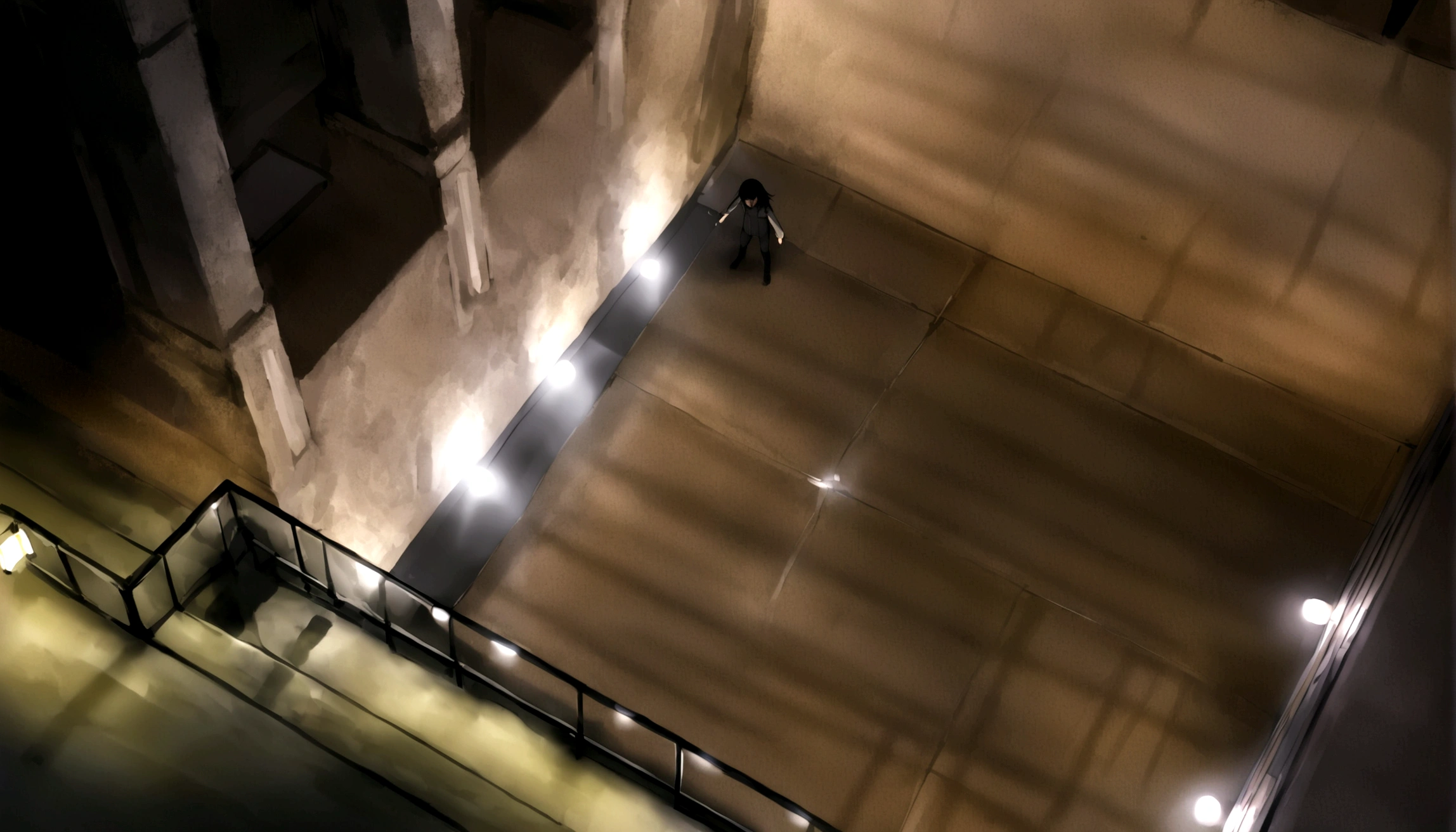A person is standing on a glass platform in a building., lights on concrete, Empty marginal space, indoor perimeter space, lighting from above, Above, on an empty stage, Caustic lighting from above, The picture is large, opposite side of lift shaft, dramatic lighting from above, throwing light on the ground, Look down the basement stairs