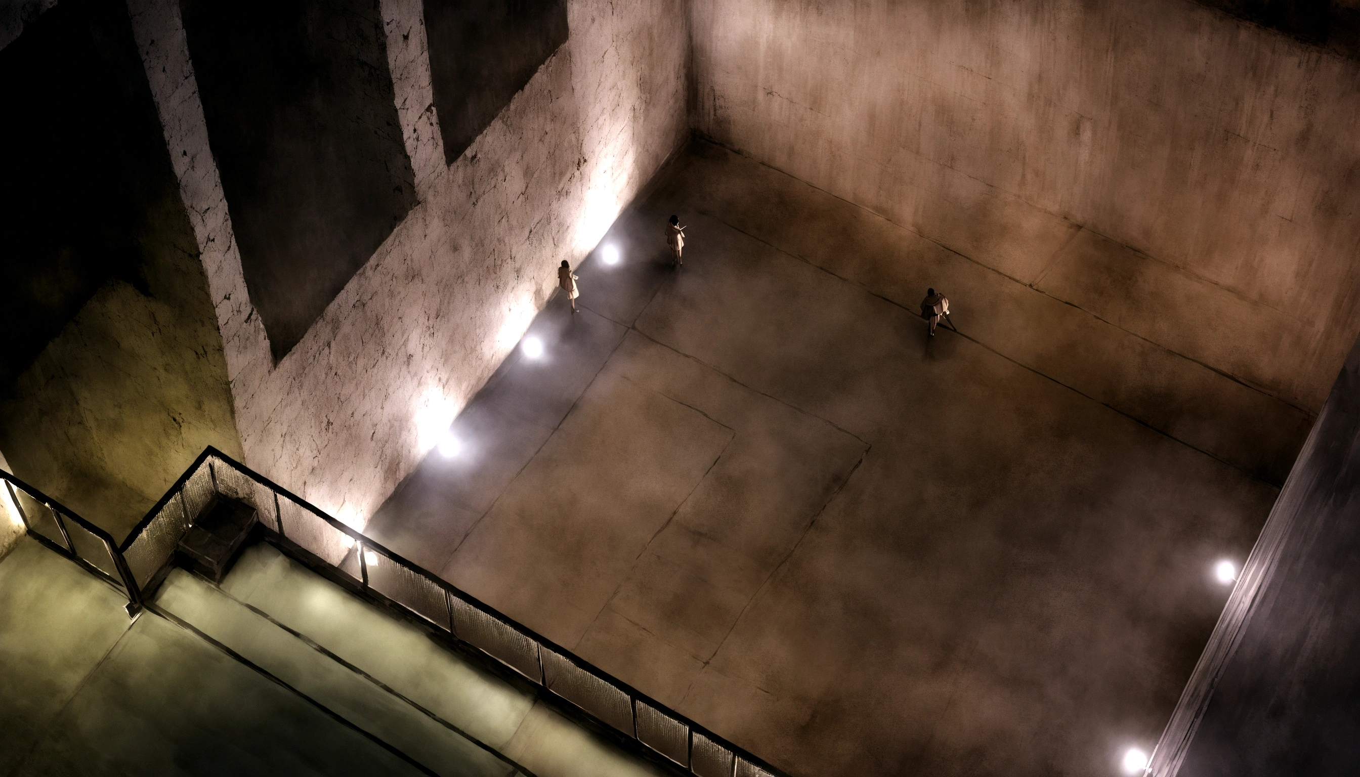 A person is standing on a glass platform in a building., lights on concrete, Empty marginal space, indoor perimeter space, lighting from above, Above, on an empty stage, Caustic lighting from above, The picture is large, opposite side of lift shaft, dramatic lighting from above, throwing light on the ground, Look down the basement stairs